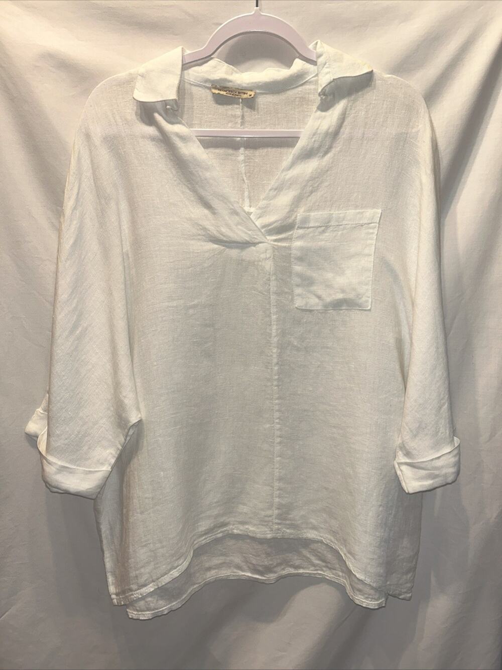 Francesca Bettini Medium White Linen Collared Tunic Top Made In Italy Lagenlook